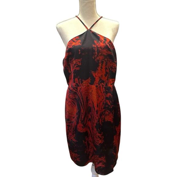 LOUNA Red Black Abstract Print Halter Mini Sheath Dress Women’s XL Evening Party - Picture 3 of 9